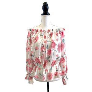 Floral Cold Shoulder Tie Front Blouse White & Pink Women’s US Size Large